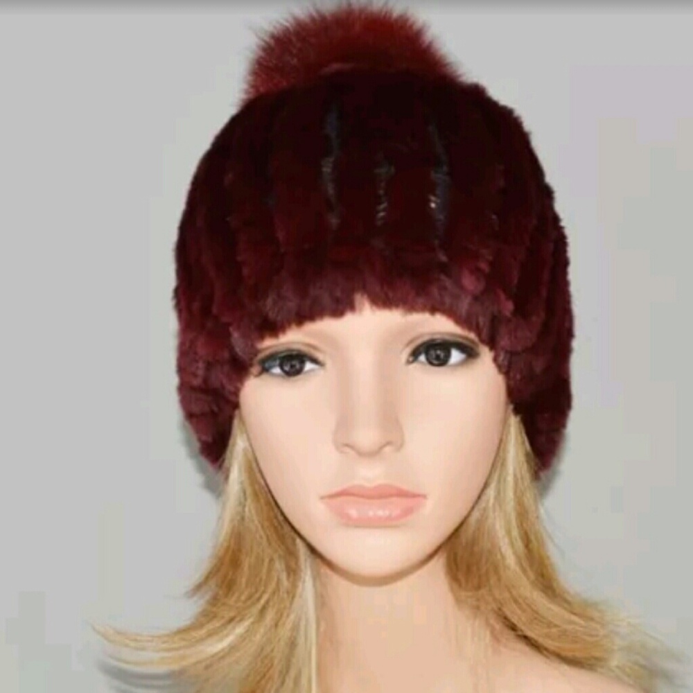NWOT Luxe Real Fur Burgundy Hat w/ Pom Pom